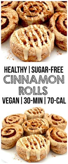 cinnamon rolls with icing on top and the words healthy i sugar - free cinnamon rolls