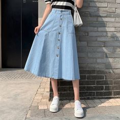 Olivia Mark - Blue Denim High-Waisted Midi Skirt with Stylish A-Line Umbrella Hem Denim Button Skirt, High Waisted Denim Skirt, Skirts Midi High Waisted, Denim Skirt Women, Blouse Diy, Denim Midi Skirt, Blue Outfit, Light Blue Color, Types Of Skirts