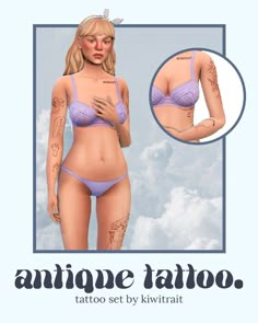 an image of a woman with tattoos on her chest and arms, wearing a purple bra