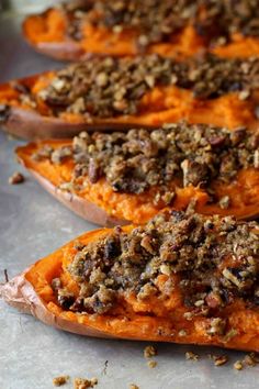 baked sweet potatoes with pecans and crumbled toppings