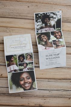 two pamphlets with pictures of women on them sitting next to each other in front of a wooden table