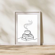 a drawing of a stack of books with a steaming cup on top