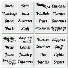 six different types of font and numbers for clothing, shoes, sweaters, pants