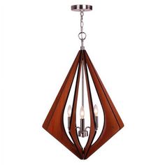 a wooden chandelier with three lights hanging from it's center and one light on