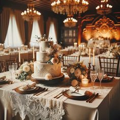 a table topped with a white cake covered in flowers