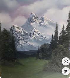 a painting of a mountain with trees in the foreground