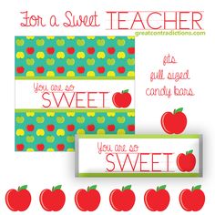 two teacher appreciation cards with apples and the words, you are so sweet on them