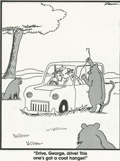 an animal cartoon with the caption drive, george clever this one's got a cool hanger