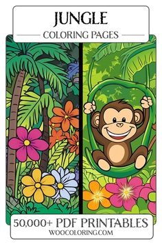 Dive into the vibrant world of our Fun Jungle Coloring Pages! Perfect for kids and adults alike, these pages feature playful monkeys, lush tropical plants, and colorful flowers. Unleash your creativity and bring the jungle to life with every shade. Perfect for family fun, relaxation, or educational activities! Printable Coloring Sheets