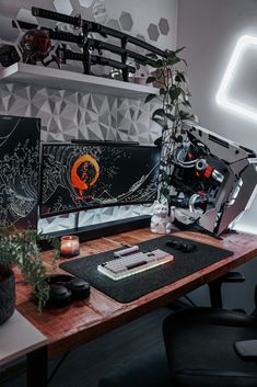 a desk with two computer monitors and a plant on it in front of the monitor