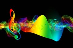 colorful music notes and musical staffs on a black background with an abstract color scheme