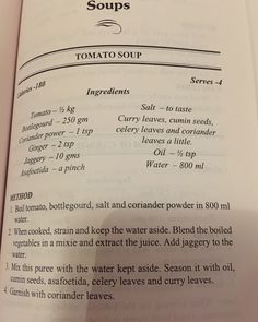 an open book with instructions for cooking soups