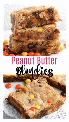 peanut butter blondies are stacked on top of each other with candy in the middle