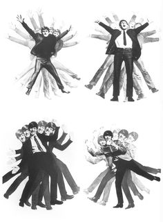 the beatles are dancing together in their black and white outfits