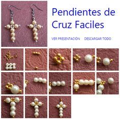 the instructions for earrings are shown in several different styles and colors, including white pearls