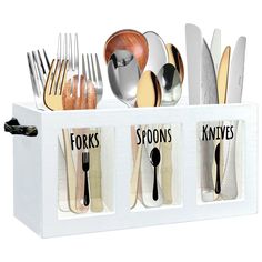 PRICES MAY VARY. Wood Cutlery Caddy: Utensil holder for kitchen counter is made of high-quality wood, 12 inches long, 5 inches wide, and 3 inches high, weighs about 1.5 lbs and efficiently stores your utensils while taking up minimal space, ensuring a clean and tidy kitchen countertop; The sleek natural wood grain brings a modern farmhouse vibe to your kitchen, making it the ideal accent for your countertops Paisley Handels: Recognizing the versatility of silverware caddy countertop, we've adorn Spoon And Fork Holder, Cutlery Caddy, Silverware Organizer, Silverware Caddy, Wood Cutlery, Kitchen Countertop Organization, Flatware Holder, Silverware Organization, Utensil Caddy