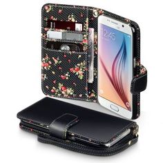 an open cell phone case with flowers and polka dots on the front, sitting next to a wallet