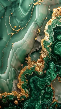 an abstract painting with gold and green colors