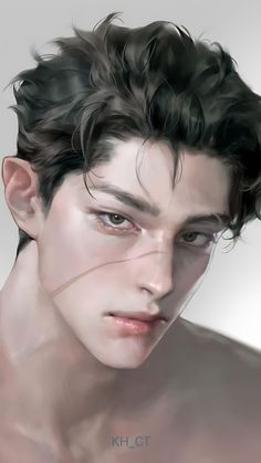 a digital painting of a shirtless man with black hair and no shirt on, looking at the camera