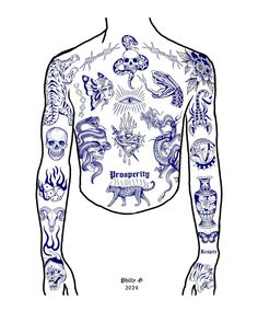 a man with tattoos on his chest and arms is shown in blue ink, while he has