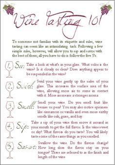 a poem written in cursive writing on white paper with the words, wine tasting 101