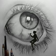 a pencil drawing of an eye with a person holding a paintbrush in front of it