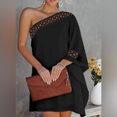 Casual One Shoulder Lace Dress Great Detail Around The Neck And Shoulder All The Way Down To The Arm Great For A Cover Up During The Summer Dress It Up For A Night Out Color Is Black Fabric Contents: 100% Polyester Black One Shoulder Beach Dress, Casual Black One-shoulder Dress, Black Shift Dress For Night Out, Streetwear Office, Lace Panel Dress, Loose Mini Dress, Black Lady, Female Dress, 파티 드레스