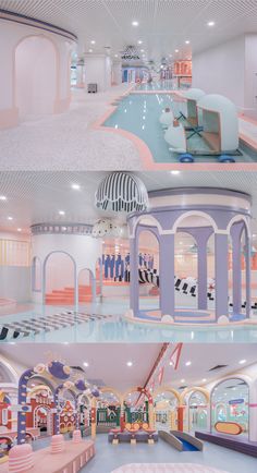 the inside and outside of a building with different colored rooms on each side, including an indoor swimming pool