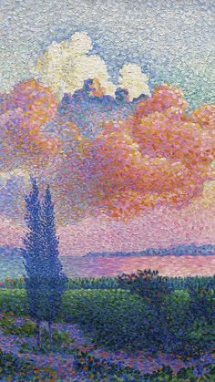 an oil painting of clouds and trees in the distance with pinks, yellows, and blue