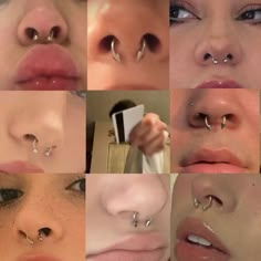 multiple images of different types of nose piercings on women's lips and noses