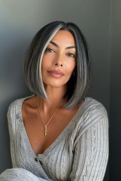 Smokey Gray Hair Color, Grey Haired Woman, Salt And Pepper Bob, Salt And Pepper Hair Color, Pepper Hair Color, Trendy Hair Color Ideas, Grey Hairstyle, Gray Bob, Pepper Hair