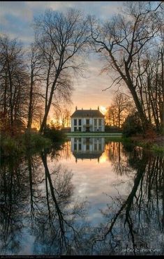 a large white house sitting next to trees in the middle of a lake at sunset