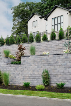 a brick wall with plants growing on the top and below it, along side a street