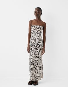 Bandeau neckline midi dress. Available in brown, black, cream, white / black, camel. Bandeau Maxi Dress, Zebra Print Dress, Festival Looks, Jumpsuit Trousers, Tshirt Skirt, Animal Print Dresses, Sweaters Knitwear, Shirt Skirt, Womens Midi Dresses