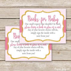 two pink and gold baby shower cards with the words rock for baby written on them