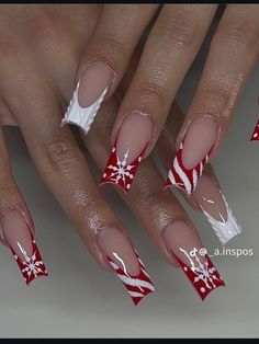 Christmas Nails Inspo Red, Red Christmas Nails Peppermint, Christmas Birthday Nails Acrylic, Red Long Christmas Nails, Christmas Picture Nails, French Nail Christmas Designs, Red Acrylic Nails Coffin Christmas, Red French Tip Nails Snowflake, Christmas Nail Designs Coffin Shape