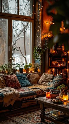 a living room filled with lots of furniture next to a window covered in christmas lights