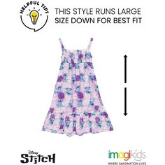 Get ready for a day filled with Disney magic in this stylish Disney maxi dress! This comfy and casual sundress features a fashionable smocked bodice, a pretty ruffle hem, and colorful Disney artwork your little girl will love to wear! Choose from a pink flower design with an all over print of Minnie Mouse and a purple Hawaiian design with artwork of Stitch from Lilo and Stitch. Made of a soft and lightweight material that keeps your child comfortable all day long, this cute Disney ruffle hem dre Fitted Playful Smocked Dress For Summer, Playful Sleeveless Smocked Dress For Beach, Fitted Disney Dresses For Spring, Summer Sleeveless Playful Smocked Dress, Playful Sleeveless Smocked Summer Dress, Sleeveless Playful Smocked Summer Dress, Playful Sleeveless Summer Smocked Dress, Fitted Disney Dress For Summer, Fitted Disney Spring Dresses