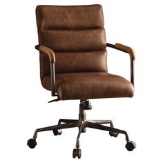 a brown leather office chair with wheels