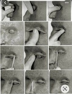 several pictures of different stages of making a nose with the help of a toothpick