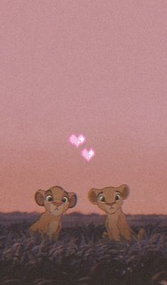 two little lions sitting in the middle of a field at sunset with pink sky behind them