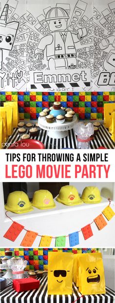 lego movie party with yellow paper bags and black and white striped tablecloth, cupcakes on top