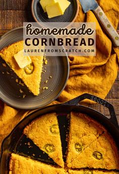 homemade cornbread is cut into slices and served in a cast iron skillet