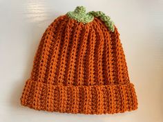 an orange knitted hat with two green leaves