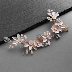 Hand Wired Rose Gold floral Bridal Comb with Opal Crystals Light Rose Gold Hair, Floral Bridal Comb, Double Rose, Gold Bridal Hair Comb, Shell Flowers, Gold Hair Comb, Hair Accessories Collection, Rose Gold Crystal, Rose Gold Bridal