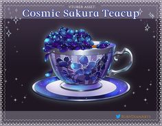 a tea cup with blue flowers in it and the words cosmic sakura teacup on top