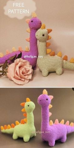 two crocheted stuffed animals sitting next to each other