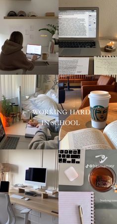 a collage of photos with laptops and coffee