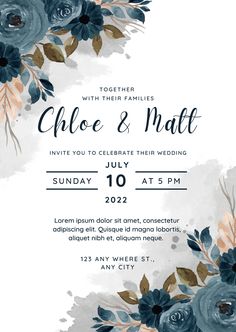 an elegant wedding card with blue flowers and greenery on the front, in watercolor