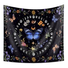 a blue butterfly flying through the night sky with stars, moon and flowers on it